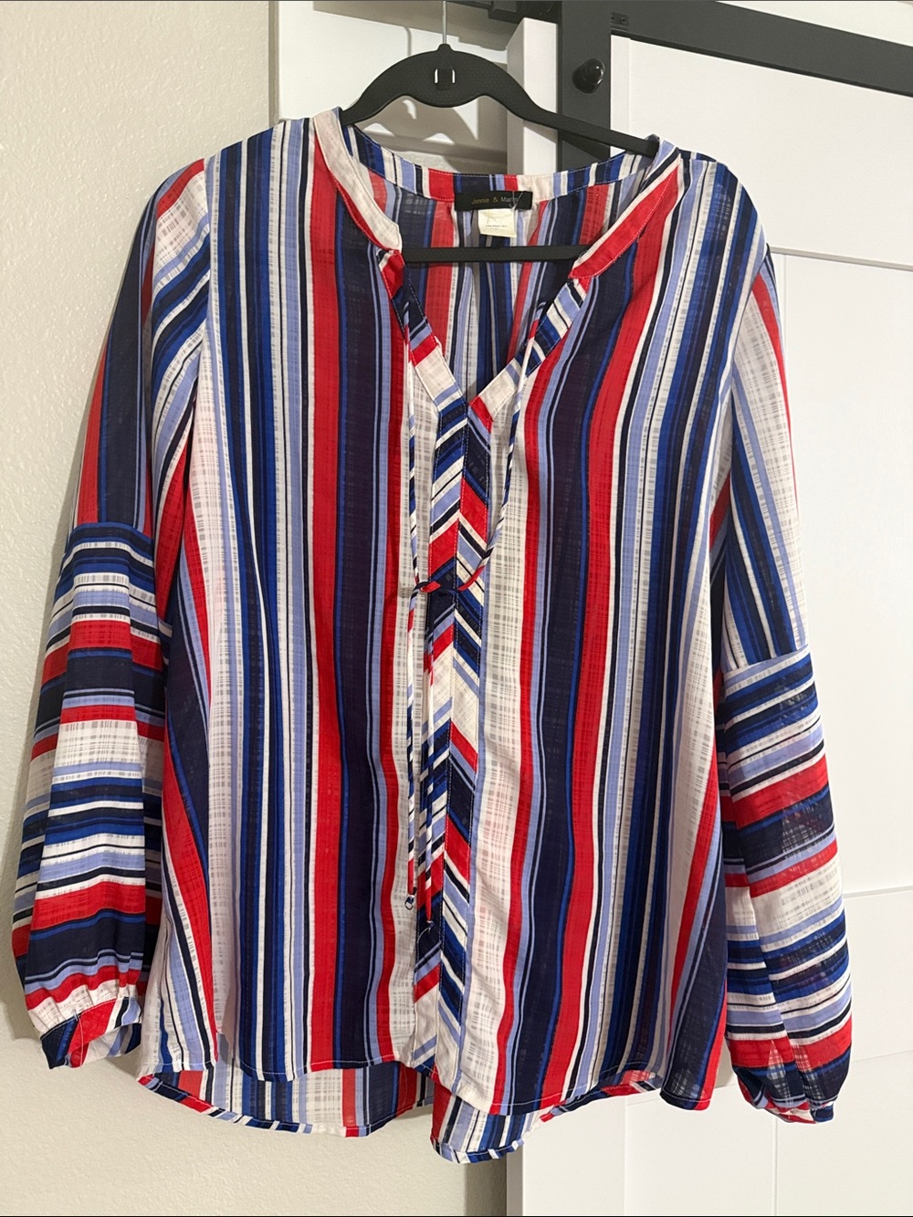 Striped V-Neck Long Sleeve Blouse - Red, Blue & White